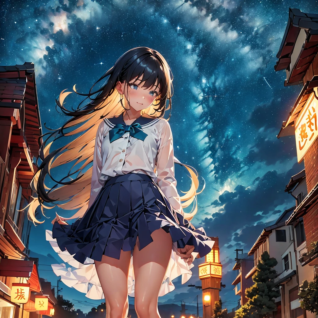 The bottom of the sea, deep sea, scenery, Starry Sky, night, One girl, alone, Outdoor, Are crying, Long Hair, White skin, silhouette, Short skirt