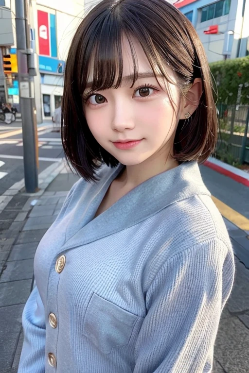 ((Cute 15 year old Japanese))、on the road、Highly detailed face、Pay attention to the details、double eyelid、Beautiful thin nose、Sharp focus:1.2、Beautiful woman:1.4、Very short hair、Pure white skin、Highest quality、masterpiece、Ultra-high resolution、(Realistic:1.4)、Highly detailed and professional lighting、nice smile、Japanese school girl uniform