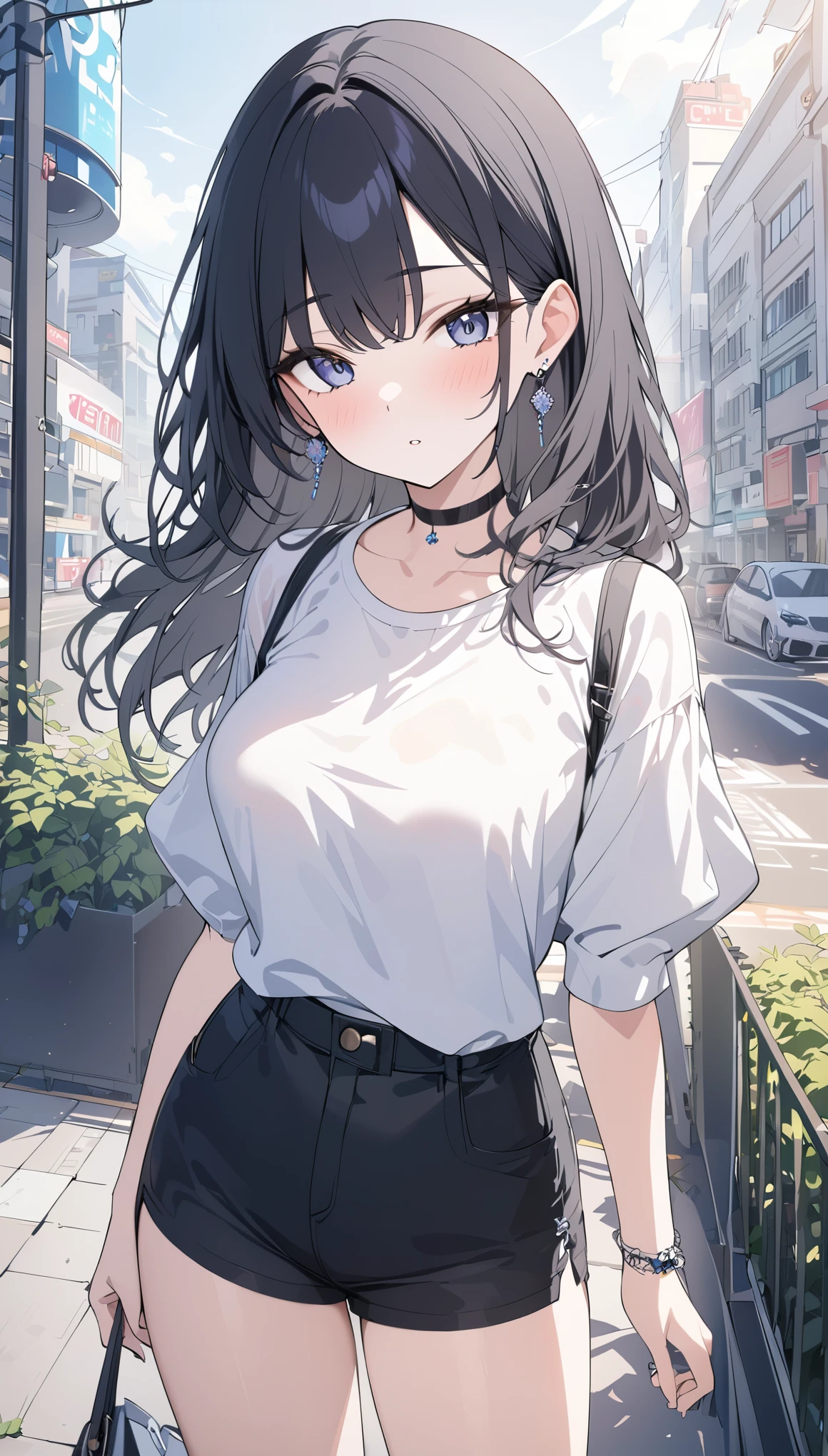 age Girl、(masterpiece:1.4)、(In 8K、Realistic、RAW Photos、Highest quality:1.4)、(True Face:1.4)、(Realistic Skin:1.3)、Ultra-high resolution、超Realistic、Beautiful details in the eyes、Black hair Long hair、耳Nipple Ring、secretary、company employee、White collared shirt、Black trousers、Attention to detail、(Big Breasts:1.5)、choker、blush、Embarrassed look、Attractive face、In front of the station、stand、Business Bags