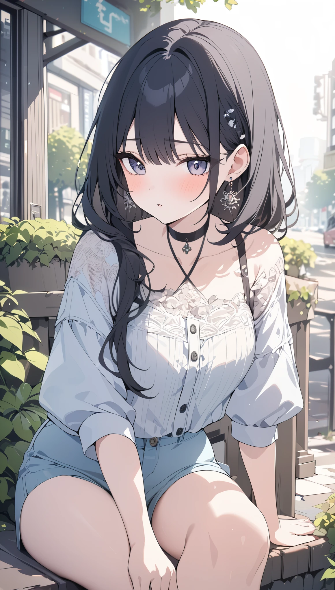best quality, super_delicate, ultra detailed, beautiful, 8k , 1girl, black hair, casual clothes, earrings, choker, outdoor, bright
