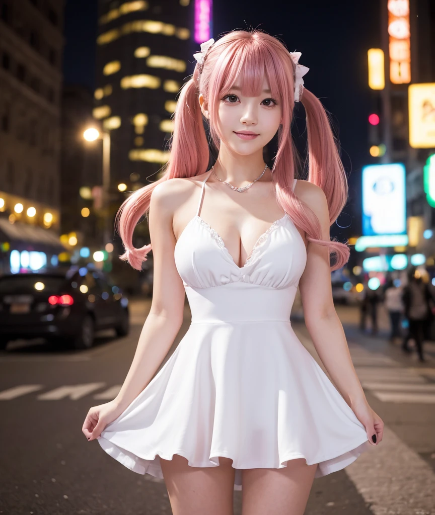 ((masterpiece, Highest quality:1.2)), ((Photorealistic)),diamond_good,One girl,3d,bangs,Pink Hair,blunt bangs,In the city at night,Big eyes,on body,on hair,Depth of written boundary,facial,lips,Long Hair,Ample breasts,Motion Blur,Twin tails,alone,Full body shot from head to toe,upright,smile、White casual dress、Spread your legs a little、High heels