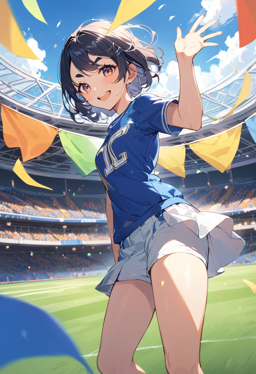 (masterpiece, best quality:1.1), (ultra highres, ultra-detailed:1.2),highschool Baseball stadium setting with a lively atmosphere. A single cheerleader in a vibrant, colorful uniform stands near the stands, cheering energetically. She holds pom-poms and is mid-dance, with a big smile on her face. The background shows excited fans in the stands, some waving flags and wearing team colors. The field and some players warming up can be seen in the distance. The scene is sunny and bright, capturing the lively energy of a game day.BREAK (girl,,detailed face,(darkblue wavy-short hair),middle thick eyebrows,middle small brea