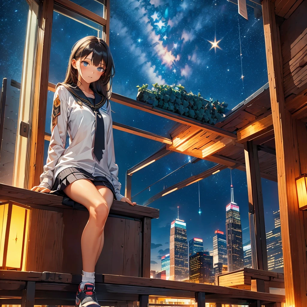 Octane, null, star (null), scenery, starnull, night, One girl, night null, alone, Outdoor, building, cloud, milky way, Sitting, wood, Long Hair, city, silhouette, cityscape