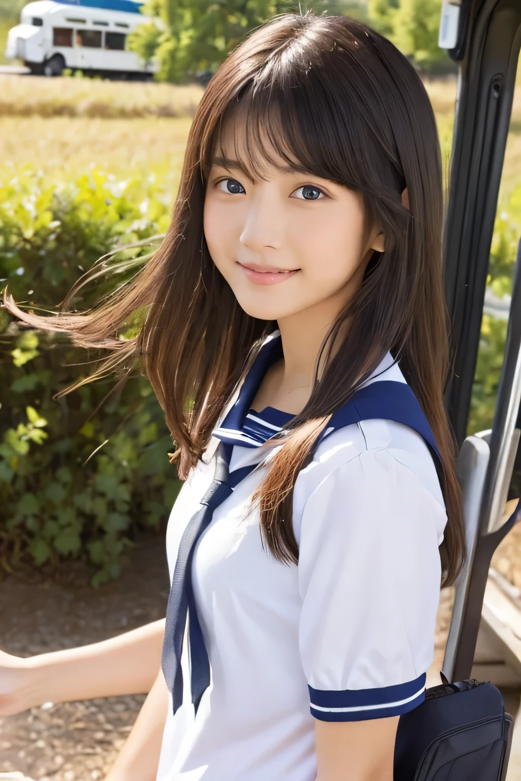 (Bus stop in the countryside:1.6), beautiful girl, 17 years old, (Highest quality:1.4), (Very detailed), (Very detailed美しい顔), smile, Evenly balanced eyes, (Short-sleeved sailor suit :1.3), (School uniforms:1.3), Beautiful face and eyes, iris, Medium Hair, The Beauty of Japan, Carrying a school bag, (Skinny body type:1.3), (Flat Chest:1.3), A happy look, Smooth, Very detailed CG synthesis 8k wallpaper, High-resolution RAW color photos, Professional photography, Light, BackLight, dream-like, impressive, Written boundary depth, Water-filled rice field, (Face close-up:1.5), (Side shot:1.5)