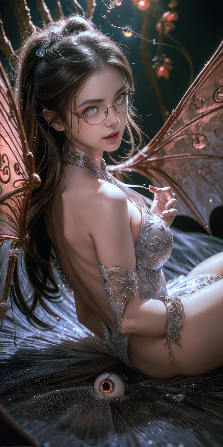 (The best illustrations)、realisitic、ultra-detailliert、The best lighting、Best Shadows、alluring succubus, ethereal beauty, perched on a cloud, (fantasy illustration:1.3), enchanting gaze, captivating pose, delicate wings, otherworldly charm, mystical sky, (Luis Royo:1.2), (Yoshitaka Amano:1.1), Dungeon and Dragon、caves、Dungeon、 A Necromancer、natta、Dark style、Succubus、Devil's Daughter、Bat Wings,(((Demon Hornlack-rimmed round glasses))))、(red eyes glowing:1.6)、beautiful countenance、Tindall Effect、(High Detail Skins:1.2) absurderes、Ponytail distortion、jewely、Beautiful expression、Toned waist、Wide buttocks、Tindall Effectmasuter piece、top-quality、Highest Standards、Top image quality、masutepiece、intricate detailes、High resolution、Depth Field、natural soft light、profetional lighting、Great smile、(High Detail Skin: 1.2)、photorealistic anime girl render、Strong highlights of the eyes、Perfect Anatomy、crotch open、Shy、Spreading your legs、Panties are visible、Skirt flipping、Body shiny with oilerectile nipple))、8K resolution、intricate clothing、Intricate details, Sexy girl on white bed,Charming eyes,Heartwarming action,Open legs,Transparent silk pajamas ,barechested,Thick long hair,Highly detailed body,Highly detailed face