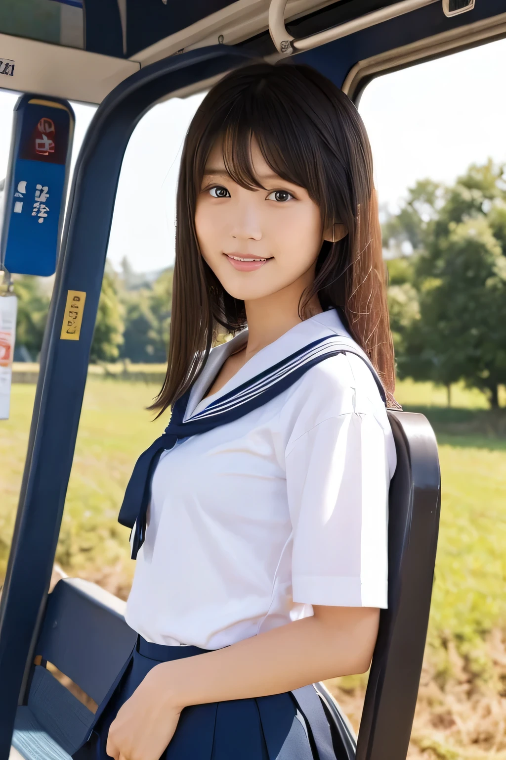 (Bus stop in the countryside:1.6), beautiful girl, , (Highest quality:1.4), (Very detailed), (Very detailed美しい顔), smile, Evenly balanced eyes, (Short-sleeved sailor suit :1.3), (School uniforms:1.3), Beautiful face and eyes, iris, Medium Hair, The Beauty of Japan, Carrying a school bag, (Skinny body type:1.3), (Flat Chest:1.3), A happy look, Smooth, Very detailed CG synthesis 8k wallpaper, High-resolution RAW color photos, Professional photography, Light, BackLight, dream-like, impressive, Written boundary depth, Water-filled rice field, (Face close-up:1.5), (Side shot:1.5)