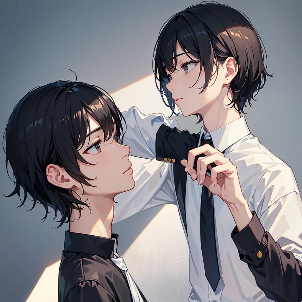 右を向いている1人の男性のClose-up、Profile facing right、He is looking straight to the side with his left hand under his chin like a thinker.、Her hair is swept back with an up-bang.、Two Block、Black Hair、Perm、Light blue shirt、No tie、Kind of like a counselor、Soft atmosphere、Simple illustration、The background is gray、No shadow depiction、Close-up、icon、1boy、Concept Art、medium short hair length
