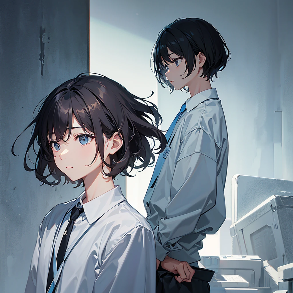 右を向いている1人の男性のClose-up、Profile facing right、He is looking straight to the side with his left hand under his chin like a thinker.、Her hair is swept back with an up-bang.、Two Block、Black Hair、Perm、Light blue shirt、No tie、Kind of like a counselor、Soft atmosphere、Simple illustration、The background is gray、No shadow depiction、Close-up、icon、1boy、Concept Art、medium short hair length