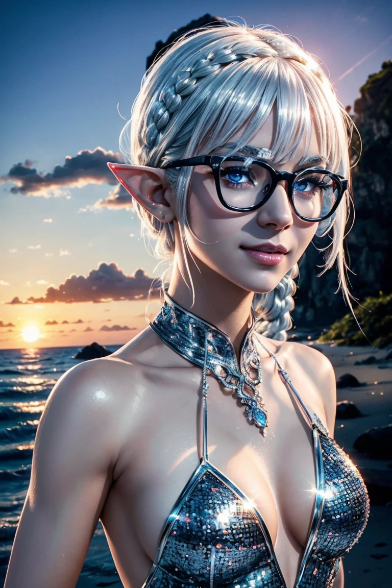 I want to be a powerful figure behind the scenes!,beta,Beautiful white silver hair,Medium Short Hair,Braids on the front only,Aligned bangs,Black-rimmed glasses,,Beautiful Blue Eyes,Elf Ears,Beautiful white skin,Photorealistic,Ultra HD,high quality,masterpiece,Digital SLR,Detailed details,Intricate details,Anatomical basis,Depicted in detail,A detailed face,Realistic skin texture,Vivid details,Perfect Anatomy,Perfect Anatomy,Anatomically correct hand,Anatomically correct fingers,Super Detail,Complex 3D rendering,y pose,Silver sequin swimsuit,Wet,Beautiful sunset,Beautiful sunset beach,Fantasy worldview,Picturesque,Pink Lips,smile,