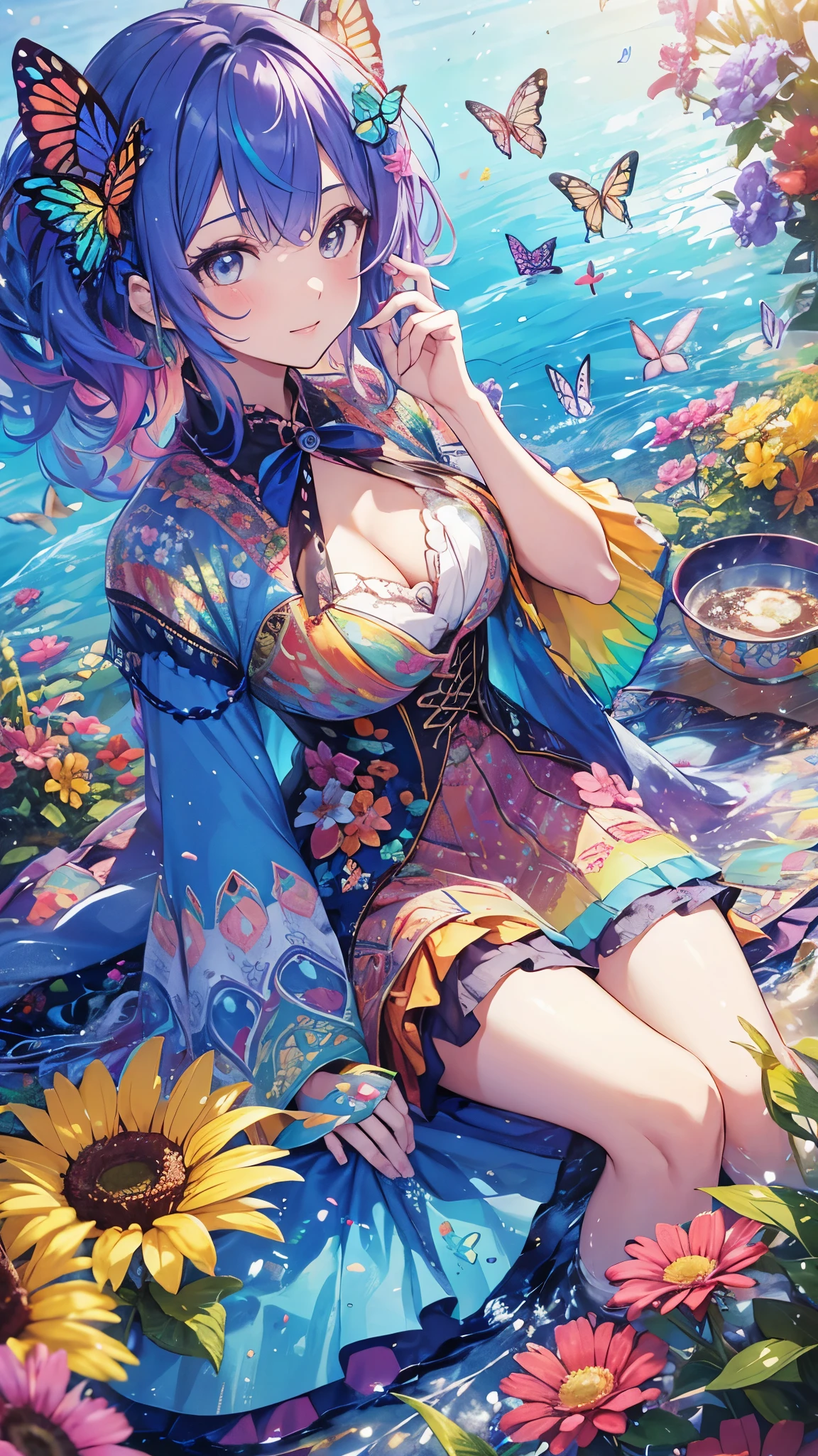 Cute woman with rainbow hair,  Colorful butterflies, water, Colorful flowers 