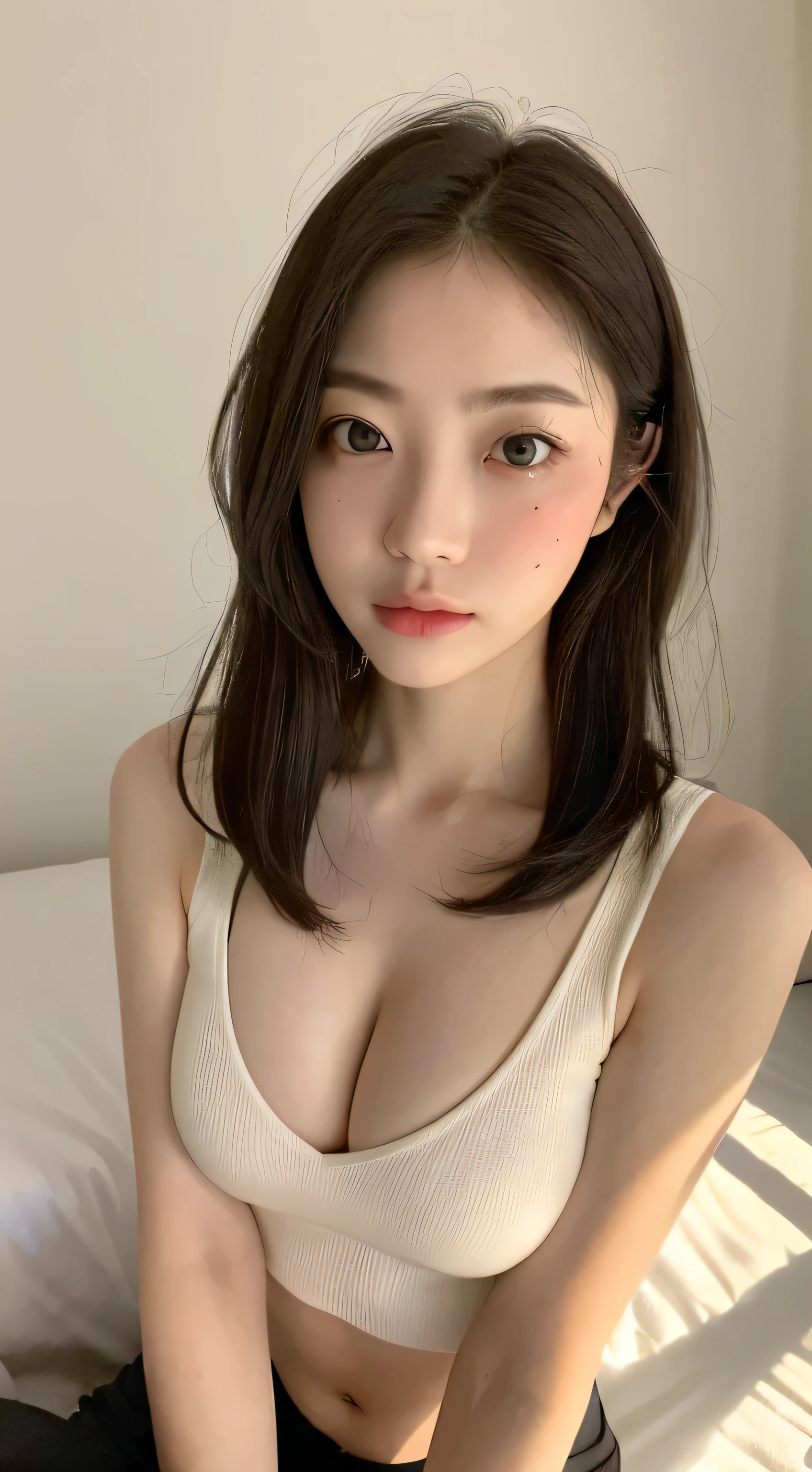 ((Realistic lighting, best qualtiy, 8K, tmasterpiece:1.3)), sharp focus:1.2, 1girl, Beautiful Women with Perfect Figure:1.4, Slim abs:1.1, ((dark brown hair)), (White crop top:1.4),(exteriors,during night:1.1),Sit on the indoor bed,Ultra-fine face,Fine eyes,double eyelid,Leaks out the entire delicate breast、ほぼ裸、脇みせ