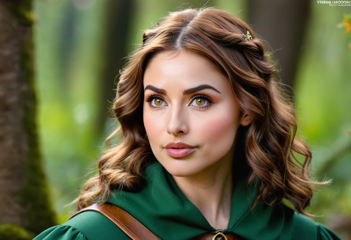 magnificent masterpiece, ultra realistic, magnificent woman, peach fuzz, three-day beard, stubble beard, wavy brown hair, hazel eyes, big nose, in Robin Hood outfit