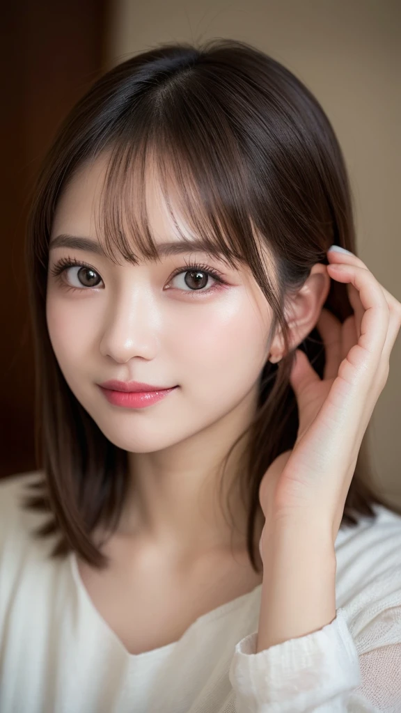 profile, Highest quality, shape, Very detailed, In detail, High resolution, 8k wallpaper, Perfect dynamic composition, Beautiful attention to detail, ランダムなcute髪,,Natural color lip,smile、20-year-old girl、cute、常にBlur the background,Perfect and beautiful face,Photograph only the face,Beautiful and elaborate face、Slim face and shape,Big eyes、Putting on gal makeup,Blur the background,Blur the background,Face close-up、Real human skin,Detailed skin:1,4、RAW Photos、Actual photo、Bedroom、Twilight Room