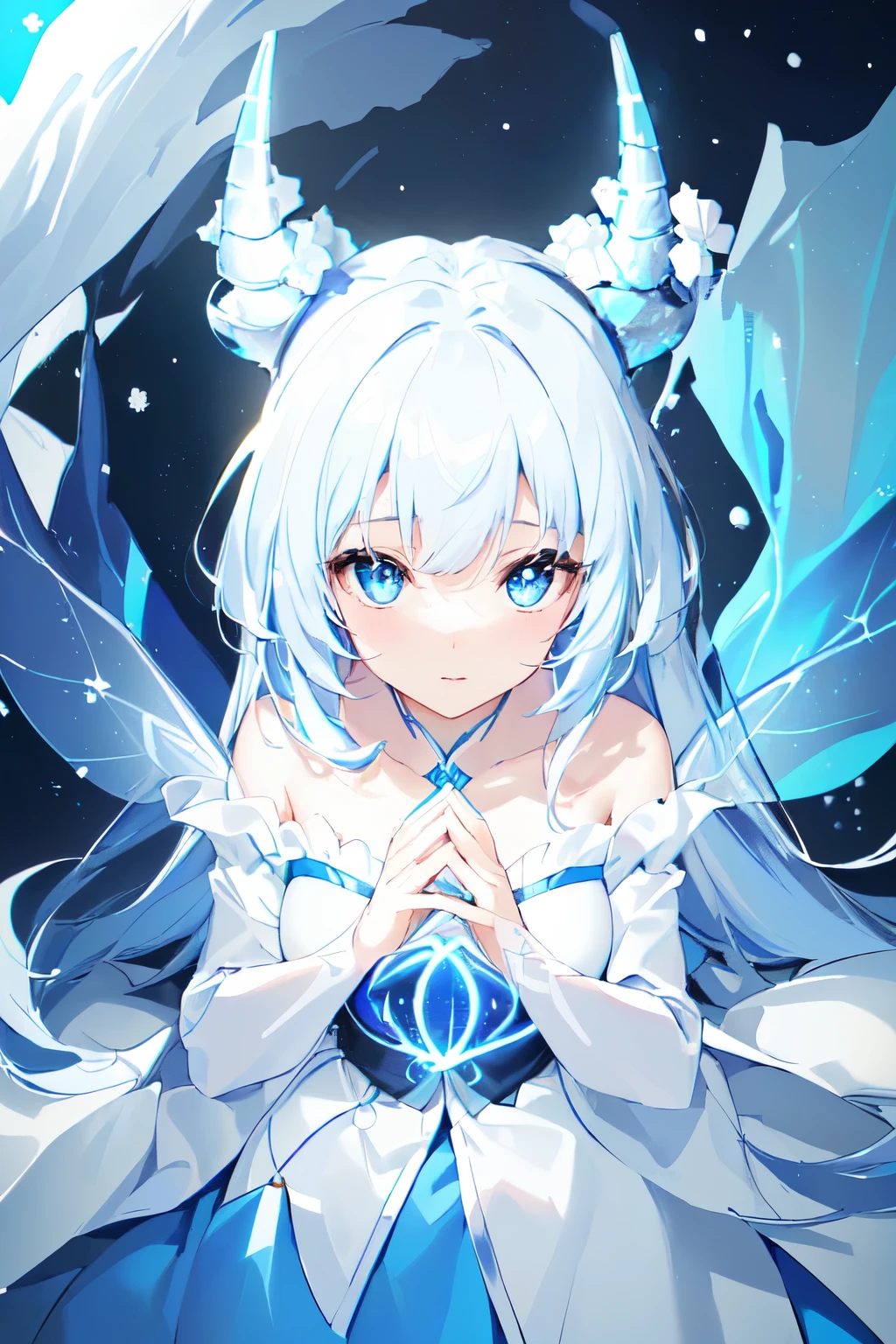 masterpiece, best quality, (Extremely detailed CG unity 8k wallpaper), (best quality), (Best Illustration), (Best shadow), girl,Blue Hair,Snow white skin,Blue pupils,White skirt,Skin tends to be light blue,Luminescence,Fairy,cute,There are hair balls and horns on the head