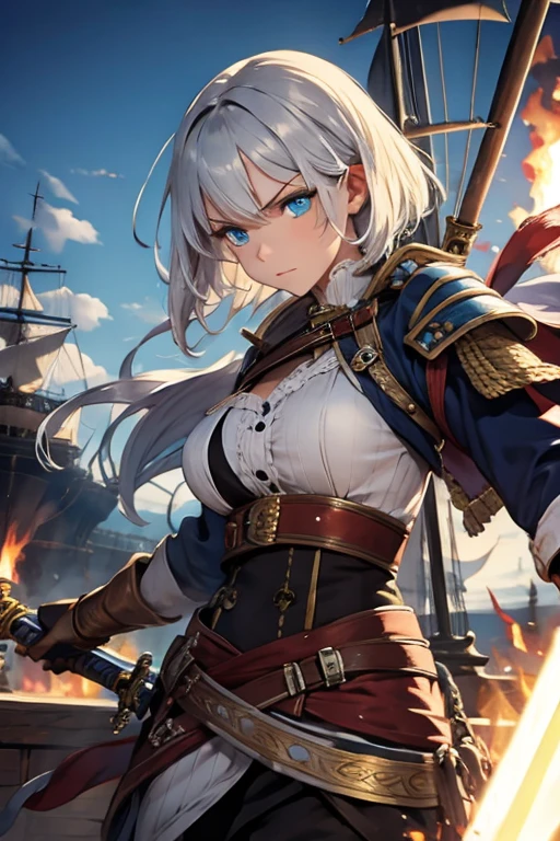 A woman with silver bob hair and blue eyes, extremely detailed and realistic, masterpiece quality, ultra-detailed, HDR, vivid colors, physically-based rendering, pirates, pirates war, on the wooden big ship, (((She is wielding a large saber))), she is a pirates king, battle, she is attacking, she is fighting, fire, triumph, great victory