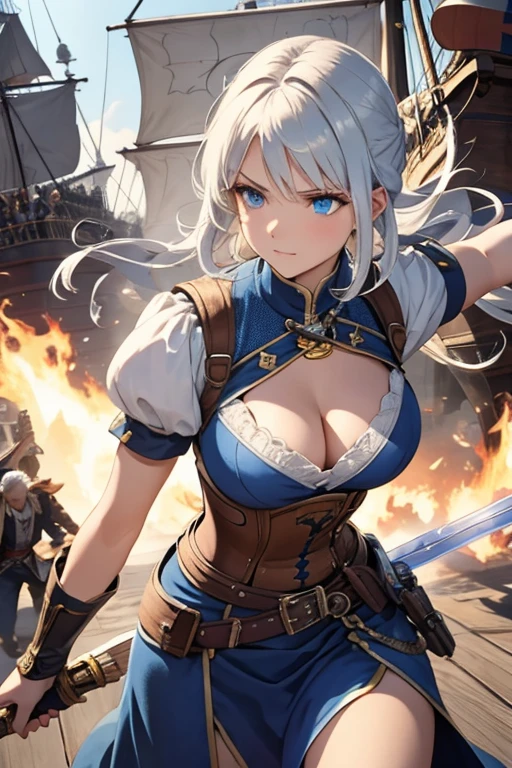 A woman with silver bob hair and blue eyes, extremely detailed and realistic, masterpiece quality, ultra-detailed, HDR, vivid colors, physically-based rendering, pirates, pirates war, on the wooden big ship, (((She is wielding a large saber))), she is a pirates king, battle, she is attacking, she is fighting, fire, triumph, great victory