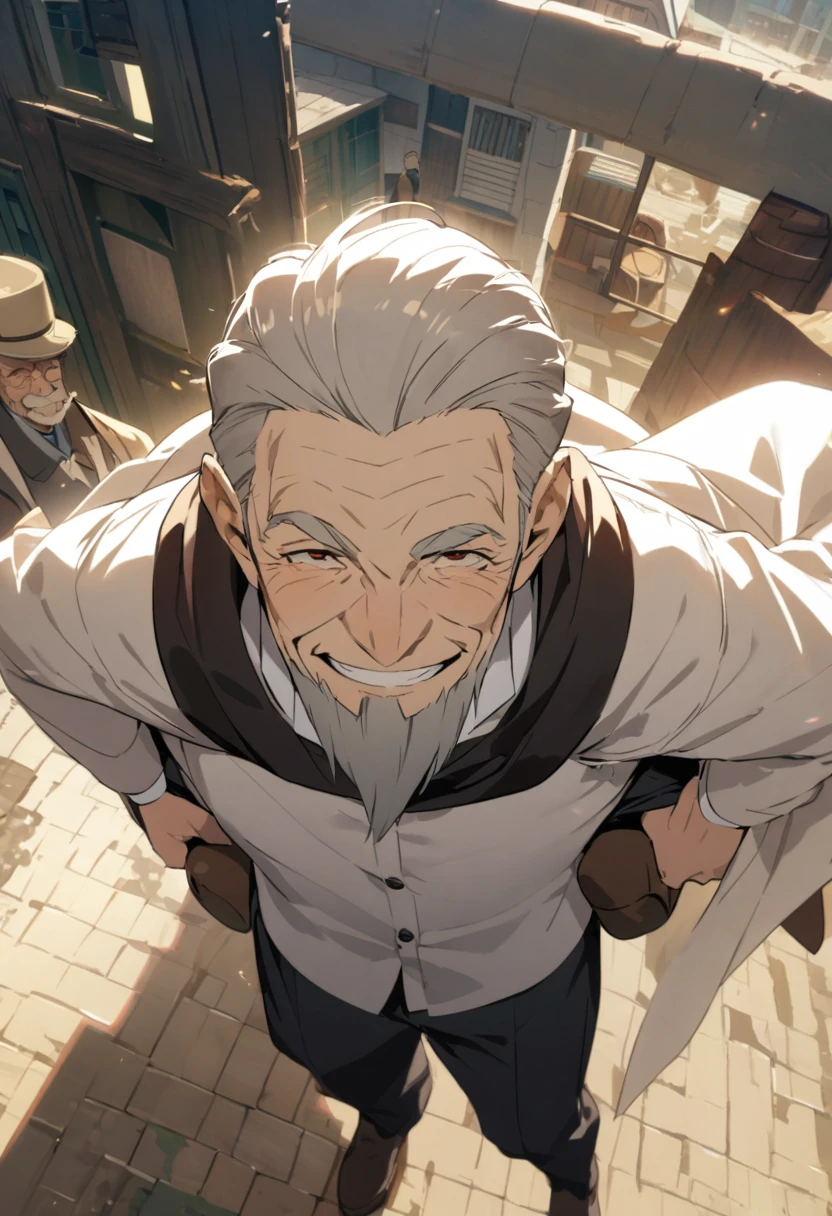 An old man carrying a piggyback、A  being carried on shoulders、smile、Look into the camera、Aerial view