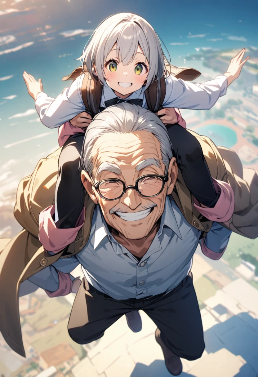 An old man carrying a piggyback、A  being carried on shoulders、smile、Look into the camera、Aerial view