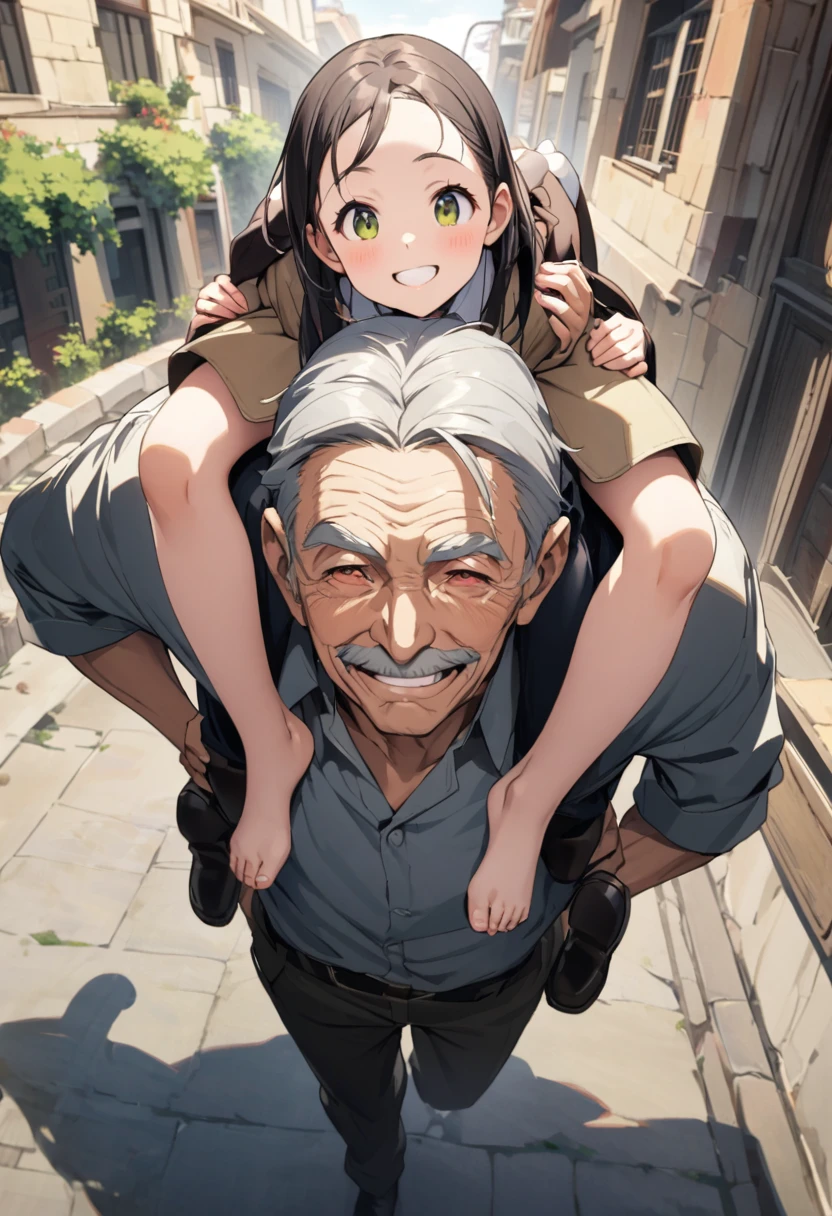 An old man carrying a piggyback、A being carried on shoulders、smile、Look into the camera、Aerial view