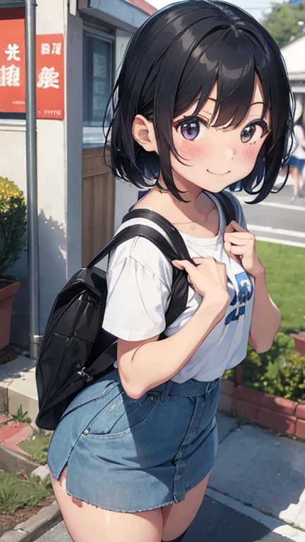 魅力的なジュニアアイドル cute，Girl１people々々、cute、Very young、，Very young、smile、blush、short hair、Short、Thick thighs，Denim skirt、school bag、Children&#39;s wear、Large Breasts、sneakers、White socks、ribbon、Red panties are visible underneath、