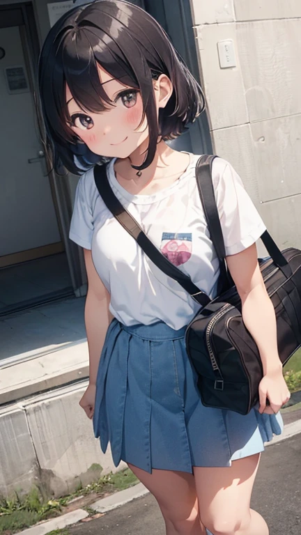 魅力的なジュニアアイドル cute，Girl１people々々、cute、Very young、，Very young、smile、blush、short hair、Short、Thick thighs，Denim skirt、school bag、Children&#39;s wear、Large Breasts、sneakers、White socks、ribbon、Red panties are visible underneath、