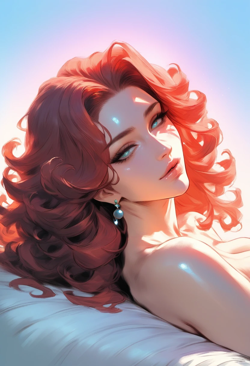 a girl,lying face down,looking ahead at viewer, looking back,with beautiful long curly hair, detailedeyes, lips, Yeah man. Your eyes are expressive, and her lips are full and delicately painted. She has a slender figure, with a curvy body and thick thighs. A is alone in the place, and your back is facing the viewer. Lighting creates a soft, welcoming atmosphere, highlighting its features. The artwork is created using realistic oil painting techniques, employing vibrant colors and sharp focus. The overall image is of the best quality, with ultra-detailed details and a photorealistic style.