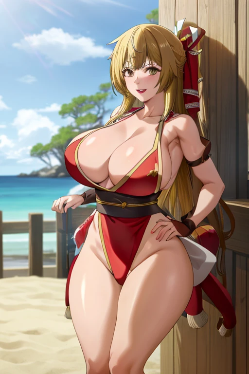 masterpiece, best quality, beautiful art, high resolution, well formed hands, body and fingers, 1 woman, solo, Rit, red makeup, red lipstick,adult, grown up,  cosplaying as Mai Shiranui , mai_shiranui_cosplay, adult, large and round breasted, cleavage, full body , hair ribbon, gorgeous legs and, thighs, sexy Japanese clothes, hair ornament , sexy legs , hips and thighs, fighting in a combat match, showing her fighting skills, making her guard, about to hit the viewer, looking at the viewer,   sweating, bouncing breasts, smiling joyfully and brightly, being confident and proud, action and fighting scene, fighting cage on beach environment.                                   