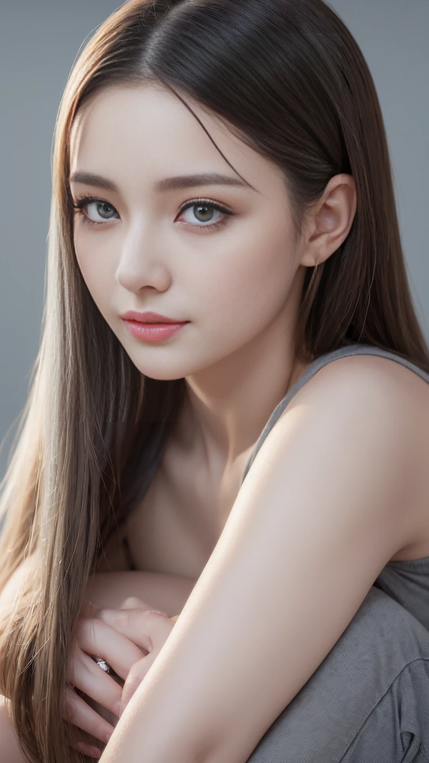 masterpiece, Highest quality, 8k, Absurd, (Depiction above the knee:1.4), White shirt, 20 year old beautiful girl, Pretty face, View your viewers, smile, (Big Breasts), Ultra-realistic, High resolution, photograph, Film Grain, chromatic aberration, Sharp focus, High resolution, Face Light, Dynamic Lighting, Cinema Lighting, Professional Shadow, Simple Background, (Dull grey background:1.4), 20 year old woman most detailed, Very detailed, Super detailed, In detail, Real Skin, Delicate facial features, Detailed face and eyes, Sharp pupils, Realistic students