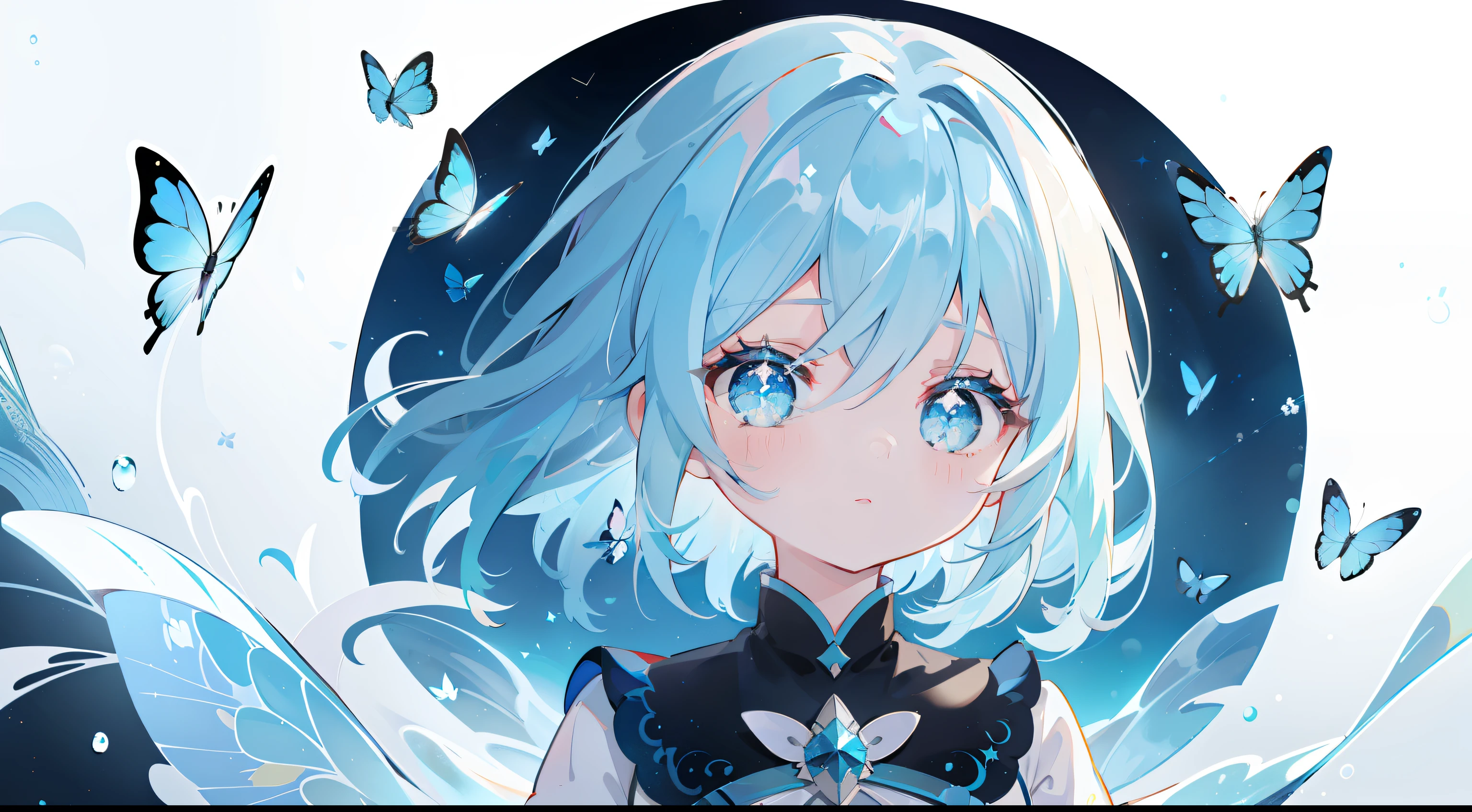 one girl、Light blue hair、Medium hair、Cute little one、Black backgrounds、official wear、Masterpiece、Top quality للصورة、Top quality、Blue eyes、Shine、Beautiful stool、the night、Light butterfly、It shines beautifully、