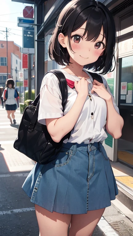 魅力的なジュニアアイドル cute，Girl１people々々、cute、Very young、Baby Face，Very young、smile、blush、short hair、Short、Thick thighs，Denim skirt、school bag、Children&#39;s wear、Very large breasts、Chubby body type､sneakers、White socks、Ribbons look good、Red panties are visible under the skirt、