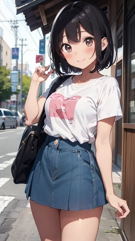 魅力的なジュニアアイドル cute，Girl１people々々、cute、Very young、Baby Face，Very young、smile、blush、short hair、Short、Thick thighs，Denim skirt、school bag、Children&#39;s wear、Very large breasts、Chubby body type､sneakers、White socks、Ribbons look good、Red panties are visible under the skirt、