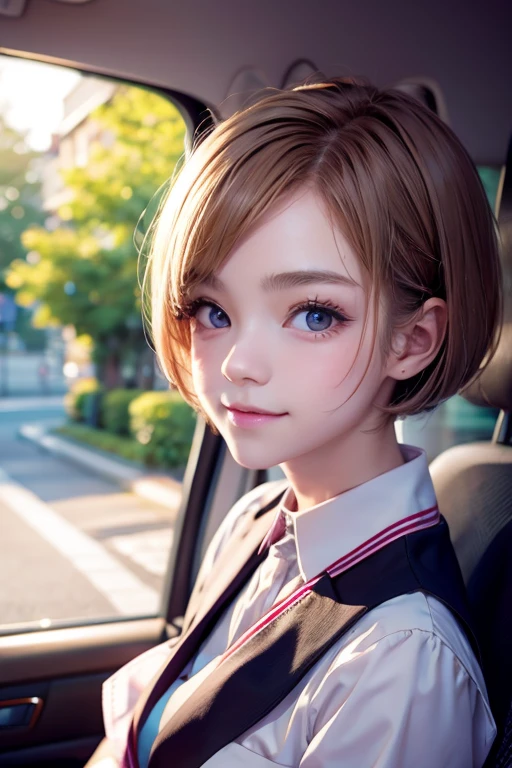 ((Cute 15 year old Japanese))、on the road、Highly detailed face、Pay attention to the details、double eyelid、Beautiful thin nose、Sharp focus:1.2、Beautiful woman:1.4、Very short hair、Pure white skin、Highest quality、masterpiece、Ultra-high resolution、(Realistic:1.4)、Highly detailed and professional lighting、nice smile、Japanese school girl uniform
