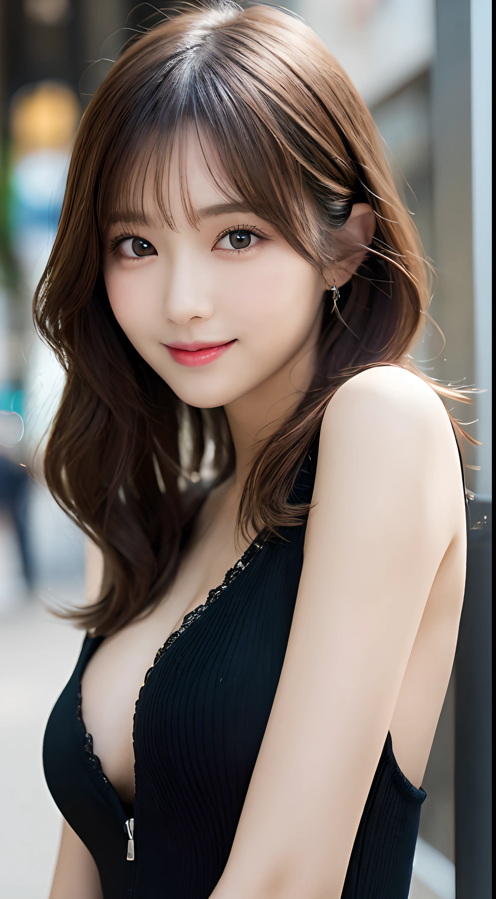 On the table, best quality, illustration, Extremely detailed, Fine details, high resolution, 8k wallpaper, Perfect dynamic composition, Beautiful and delicate eyes, Summer women's clothing,Medium Length Hair,Small chest natural lips, Bold and y pose,Smile,Harajuku、20 year old girl、Lovely、Sexhot looking at camera