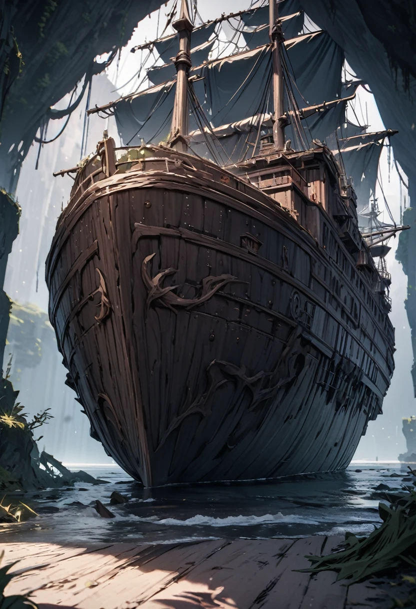 masterpiece, 8k, best quality, highly detailed, a ghostly ship made of dark wood and covered seaweed