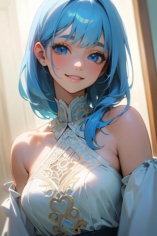 (masterpiece: 1.2, Highest quality), (Actual Photos, Intricate details), 1. woman, alone, Upper Body, casual, Shoulder-length hair, Minimal makeup, Natural materials, Face close-up, smile, Home, (Light blue hair).blue eyes, Shoulder Bare、Smiling with teeth showing、(In the gap between my breasts).