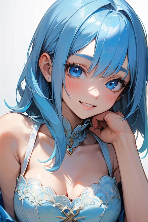 (masterpiece: 1.2, Highest quality), (Actual Photos, Intricate details), 1. woman, alone, Upper Body, casual, Shoulder-length hair, Minimal makeup, Natural materials, Face close-up, smile, Home, (Light blue hair).blue eyes, Shoulder Bare、Smiling with teeth showing、(In the gap between my breasts).