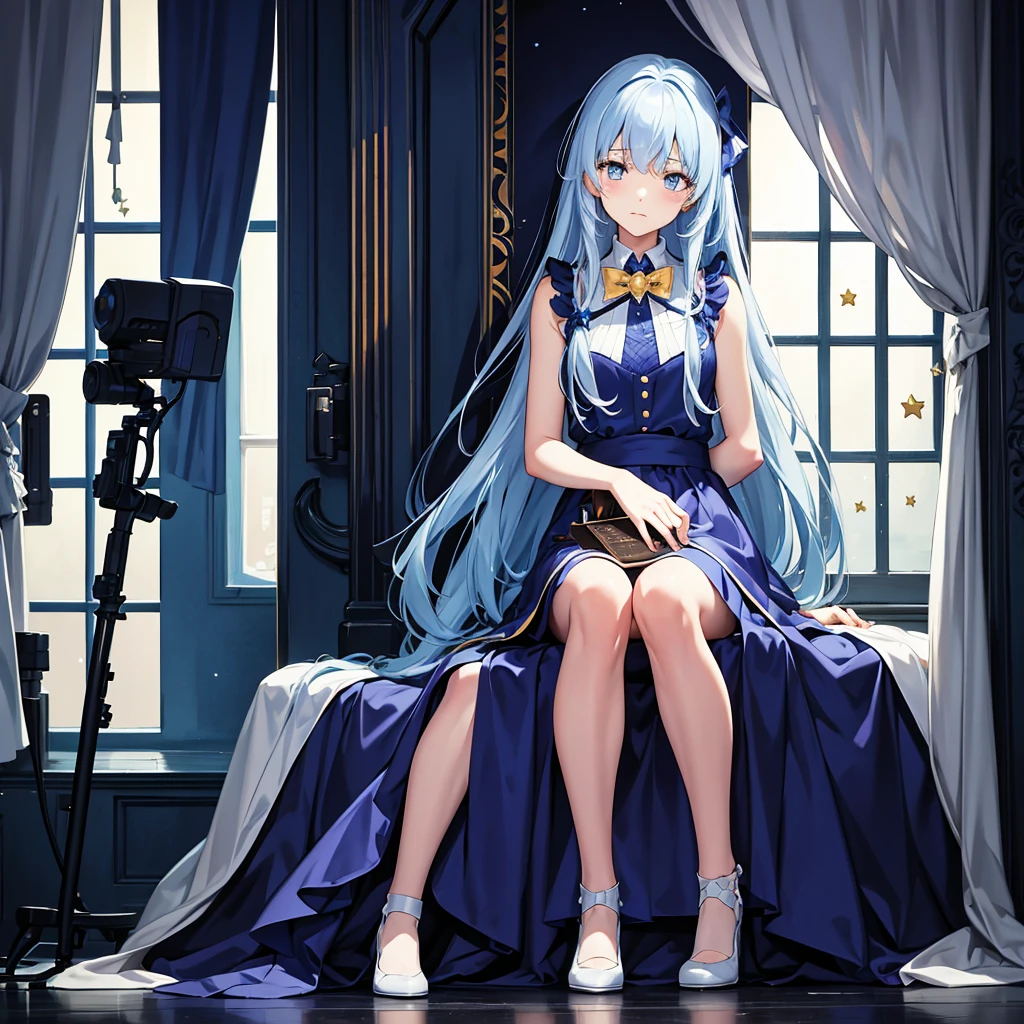 Alice crying in the corner of the room, star, , star空, night, One girl, alone, Sitting, Long Hair, silhouette,