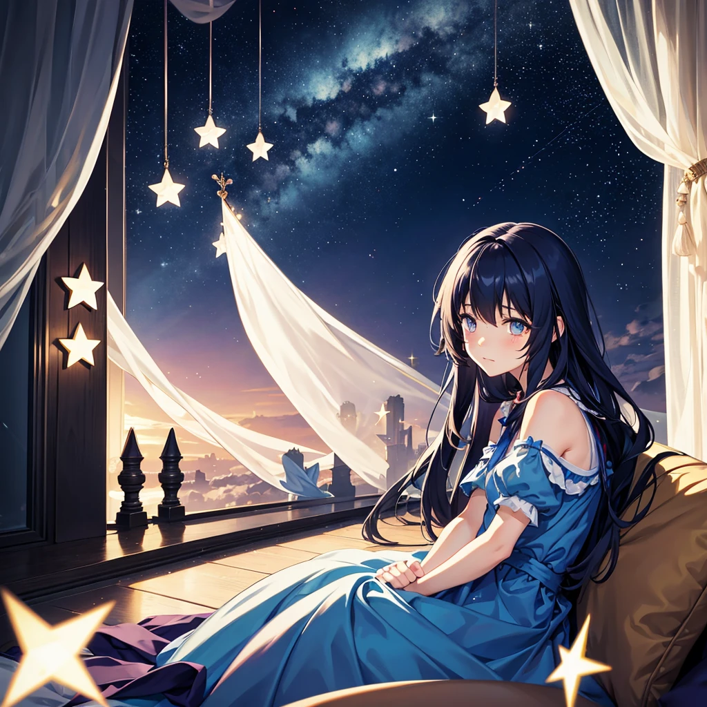 Alice crying in the corner of the room, star, , star空, night, One girl,  alone,  Sitting, Long Hair, silhouette, 