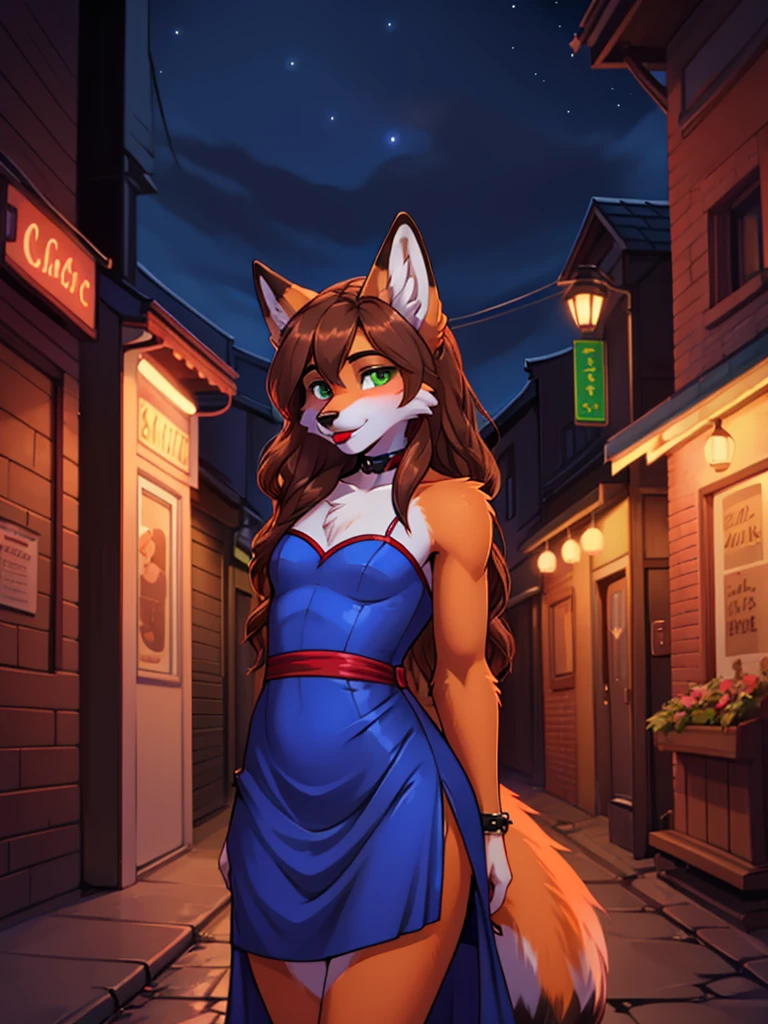 Best quality, furry male fox with green eyes, with brown long hair, with black spout, with red lipstick on lips, big lips, in a blue dress, crossdressing, in temptation, shy, sexy pose, stands seductively against the backdrop of the night street