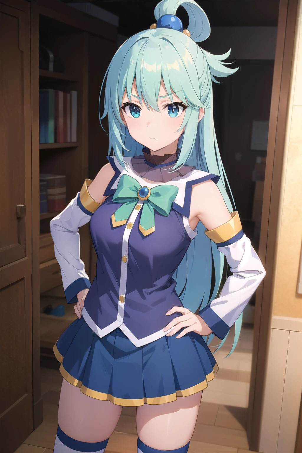 masterpiece, Highest quality, High resolution, Absurd, Super detailed, Cute eyes,
 Aqua, Long Hair, Blue Hair, Hair Ring, hair ornaments,choker, Exposing shoulders, Green ribbon, Blue Shirt, Removable sleeves, Blue Skirt, Knee socks, Irritation, Disappointing attitude, Hands on hips, Cowboy Shot
 