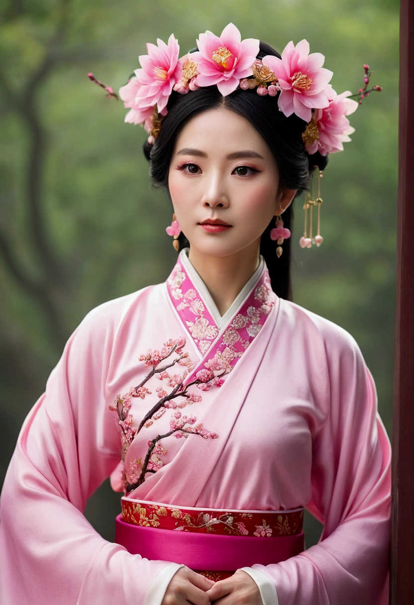 A woman in her 50s wearing a pink dress and a flower crown on her head, Color photos inspired by the Run In, CG society hot topic, realism, Hanfu, palace , a girl in Hanfu, ancient Chinese Princess, Beautiful Fantasy Empress, Ancient Chinese Art Styles, Princess of an ancient Asian dynasty, Empress of China, white Hanfu, Chinese Princess,Looking down,naked