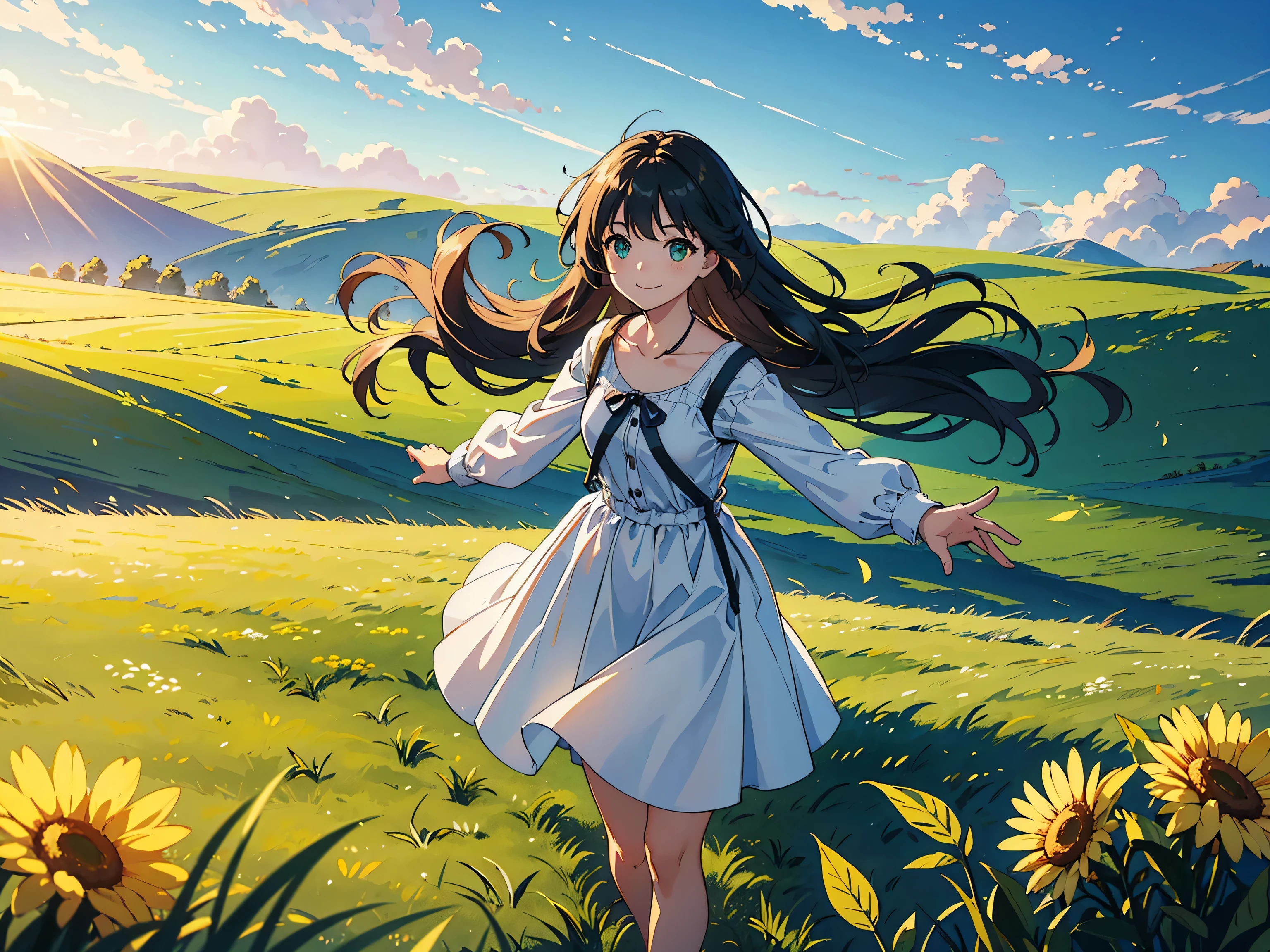 green pastures, detailed sky, clear sky, horizon clouds, detailed ground, girl, portrait, smiling, young woman, simple outfit , white two-strap dress ,running with arms outstretched on the grassland, side view from above, golden afternoon sunlight, lens flash , noise particles effect, strong wind , leaves blowing in the wind , shaking the grass, CONCEPT ART