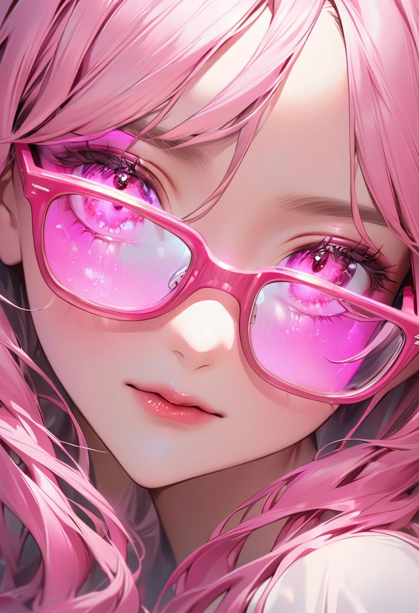 Close-up of a woman with pink hair wearing glasses, artwork in kawaii realistic portrait, inspired by Seihiko-kun, glowing pink face, pink girl, beautiful anime portrait, pink glasses, glowing pink eyes, and with big boobs