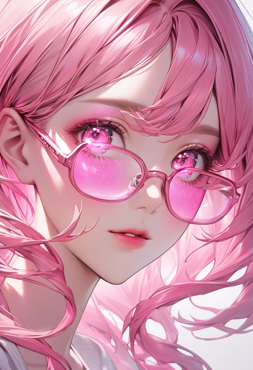 Close-up of a woman with pink hair wearing glasses, artwork in kawaii realistic portrait, inspired by Seihiko-kun, glowing pink face, pink girl, beautiful anime portrait, pink glasses, glowing pink eyes, and with big boobs