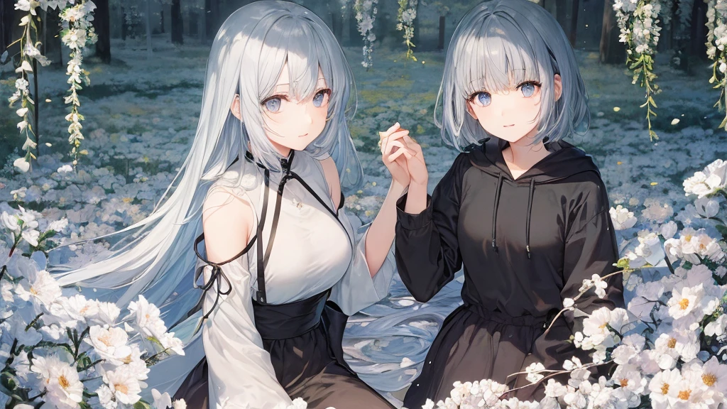 Open your mouth、Flower Field、Her eyes were shining、Mysterious and enchanting atmosphere。With AI Painting、とてもShort Hair, Long bangs between the eyes, Very detailed,(masterpiece、Highest quality)、alone、Gray Hair、Fantasy, Silver Hair, Fantasyな風景、smile、Open your mouth、short hair、Short Hair、hairpin、black eye、Grey Eyes、Beautiful Eyes、Black Shirt、White hoodie