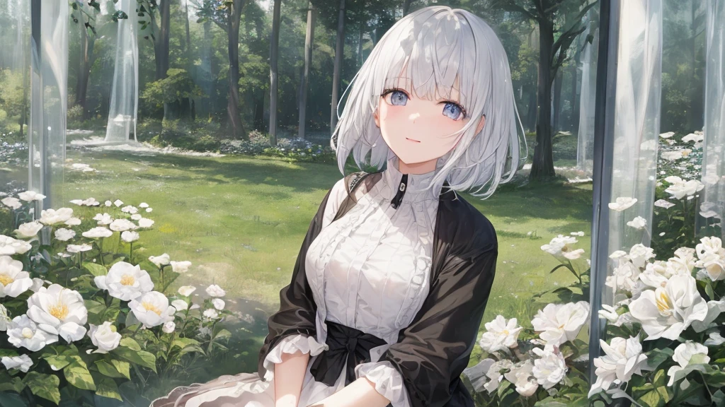 Open your mouth、Flower Field、Her eyes were shining、Mysterious and enchanting atmosphere。With AI Painting、とてもShort Hair, Long bangs between the eyes, Very detailed,(masterpiece、Highest quality)、alone、Gray Hair、Fantasy, Silver Hair, Fantasyな風景、smile、Open your mouth、short hair、Short Hair、hairpin、black eye、Grey Eyes、Beautiful Eyes、Black Shirt、White hoodie