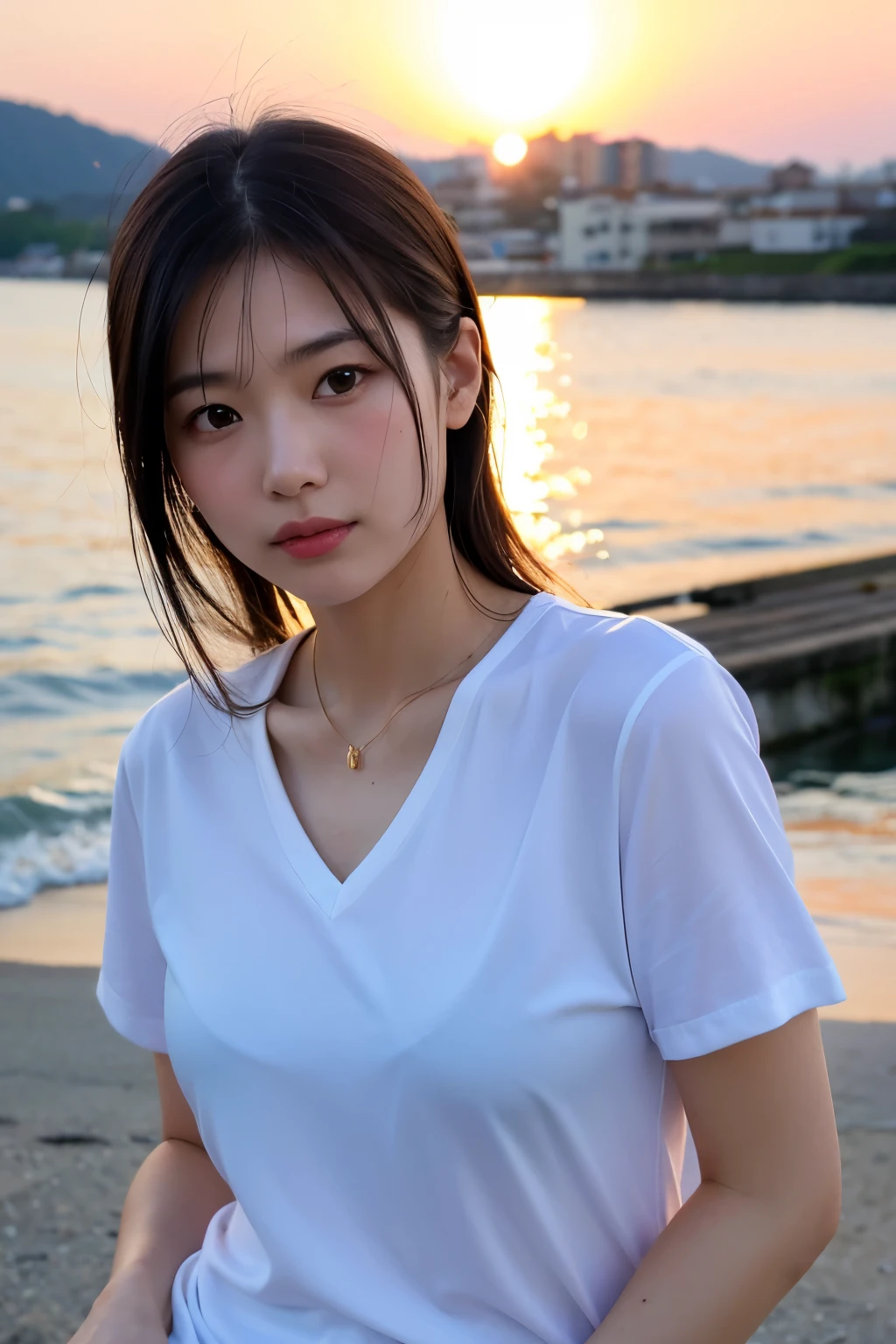 Beautiful woman、Japanese、20 years old、stylish、A beautiful face with a straight nose、 layered cut、My hair sways in the wind、Stylish white short sleeve blouse、My skin is wet with sweat and shining、Ocean、blue sky、Illuminated by the strong white light of the rising sun、Professional photos with attention to detail、Strong contrast、Golden Ratio、Highest quality