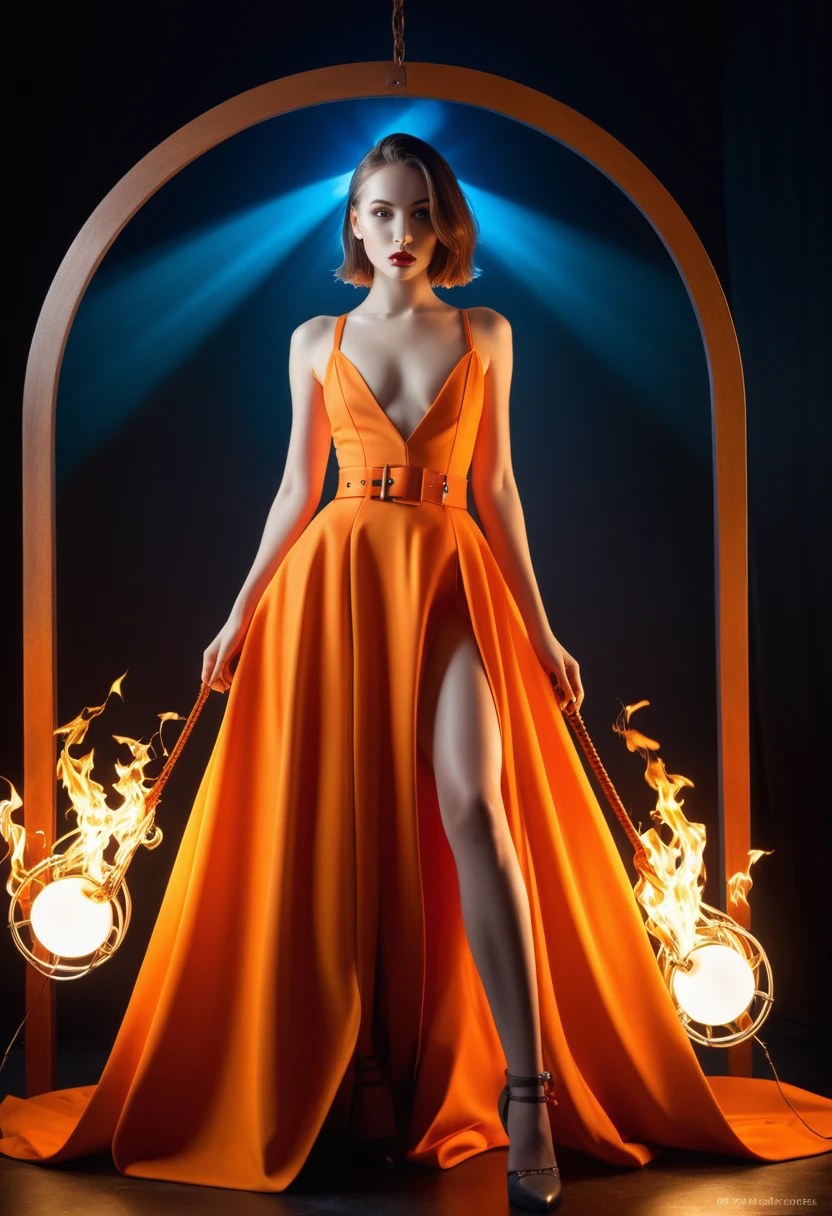 Photography Art_style,(Girl in Eco-friendly haute couture outfit in the style of BDSM, Surrealism, akira style, Fine Jewelry, Eco-friendly, Orange vibe),Practical,(Film Grain),ultraPractical 4k,Movie Lighting,Light glare,Light flame,Perfect composition, Dynamic changes of light, Rich colors, Epic Shots, perfect quality, Natural Texture,High Detail, Light and Shadow, (Natural Color, Correct white balance, Color Correction, ten),(Complex and meticulous),