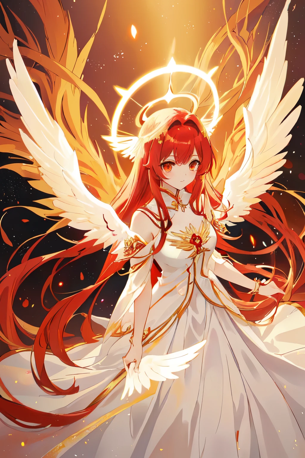 Red hair angel girl,Pupils are colored,There are orange wings behind,Wearing a white dress、Anime style image of a woman with wings, Majestic Angel, Angelic golden armor, angel knight girl, glowing Angelic being, Mysterious Valkyrie, Angelic purity, Wearing an angel halo, Angelic halo, Anime Goddess, Royal elegance, Angelic, Angel Theme,