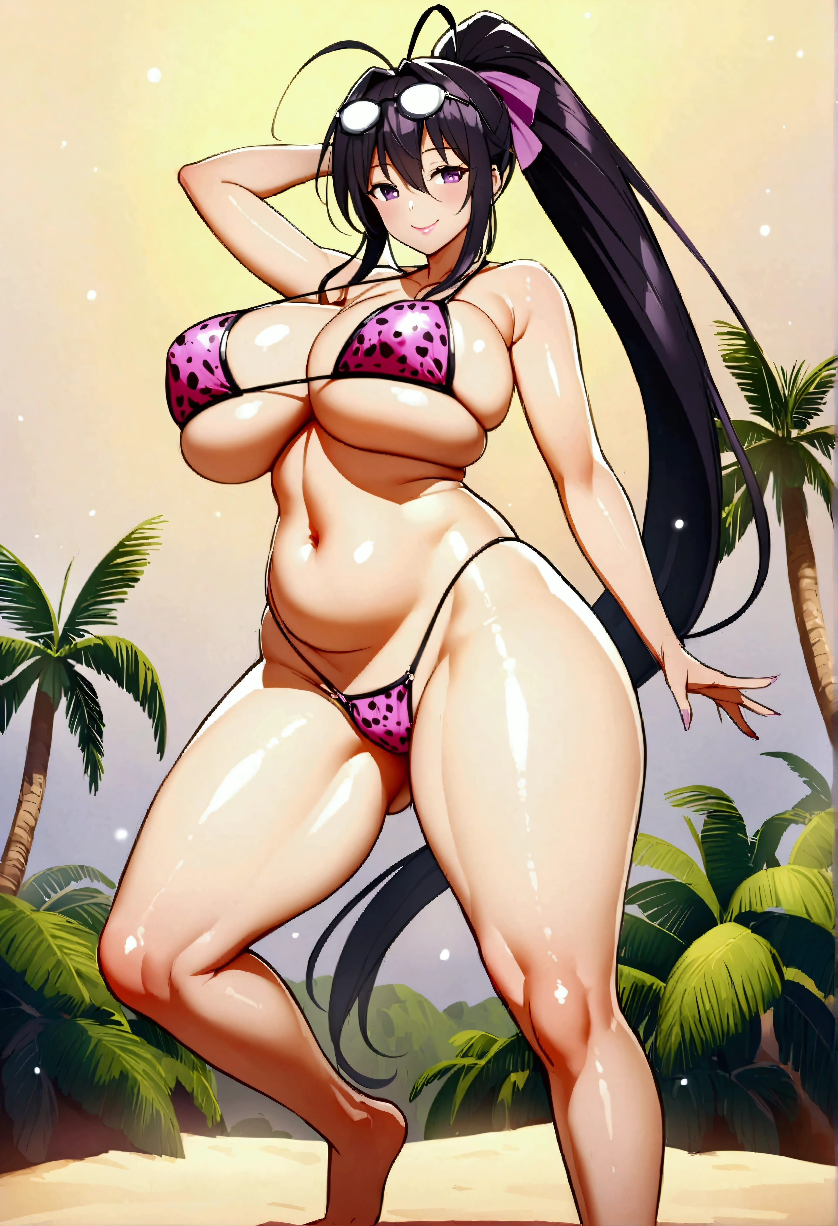 Score_9、Score_8_up、Score_7_up、source_アニメ、solo、1 person、Himejima Akeno、(Glasses on head)、Long Hair、Black Hair、ribbon、Very long hair、Purple Eyes、ヘアribbon、ponytail、Antenna Hair、Huge breasts、Wide Hips、Huge hips、belly button、slingshot bikini、(((Leopard print bikini)))、Beach Bottoms、Palm tree、heavenly chest、Heavenly ass、Gothic、Oiled skin、Wide Hips、Shiny breasts、Shiny Hips、Pink Lips、Juicy and bright、smile、Functional、((((Ultra Illustration Style:1.0))))、Highest quality、Best animation、masterpiece、Ray Tracing、Global Illumination、Split Standing、Full Body、1 personの女の子、One person、Outdoor freedom、Are standing、片足でAre standing、Split